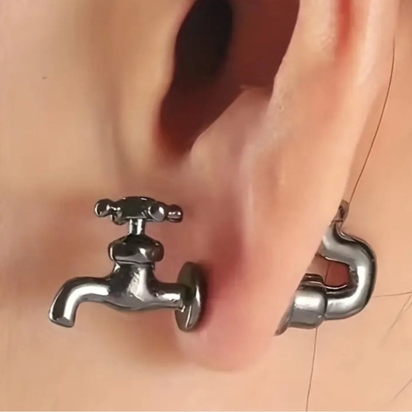 Silver Faucet Pipe Earrings - Picture 1 of 7